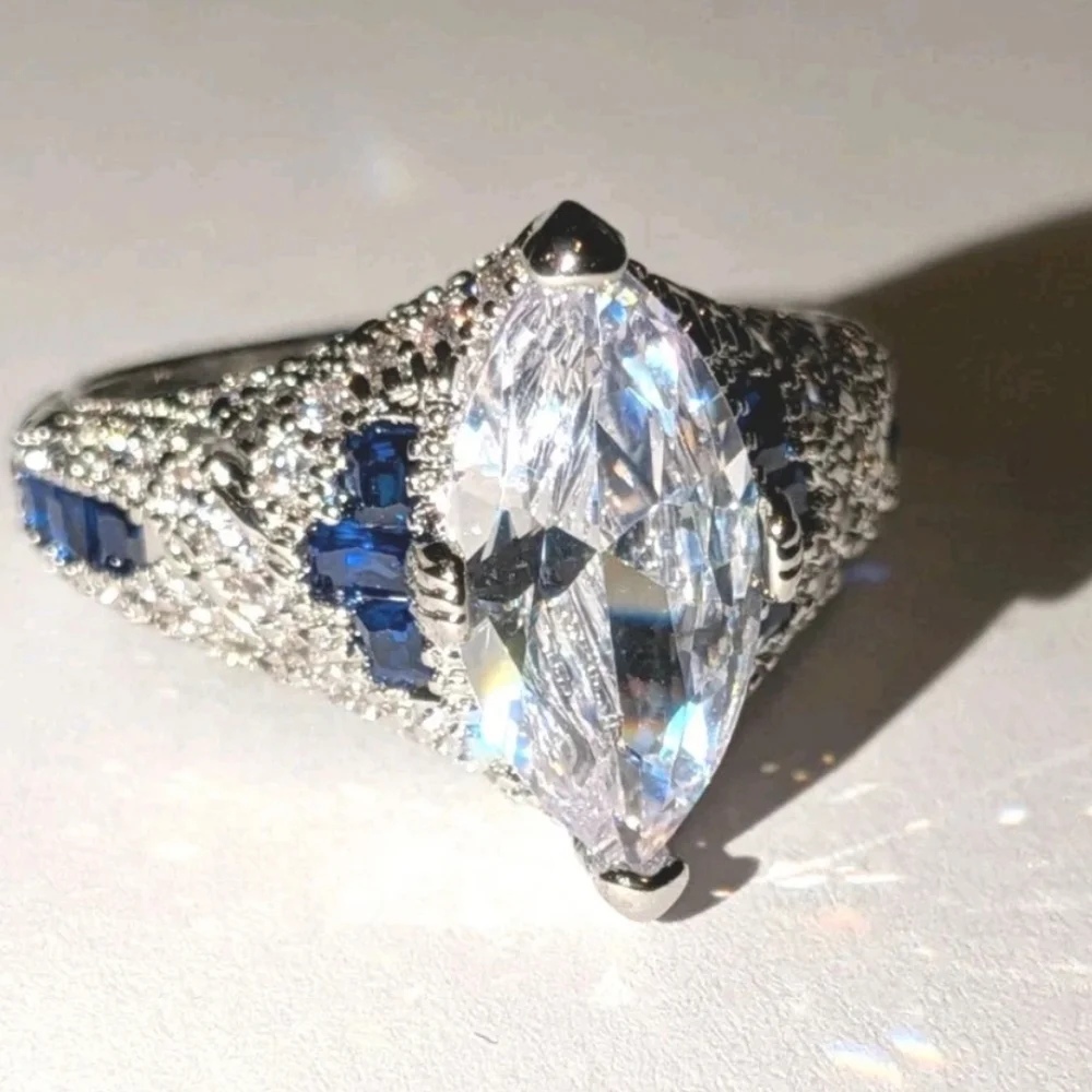 Ladie's 5ct Marquise White Cubic Zirconia Engagement Ring With Sapphire Accents